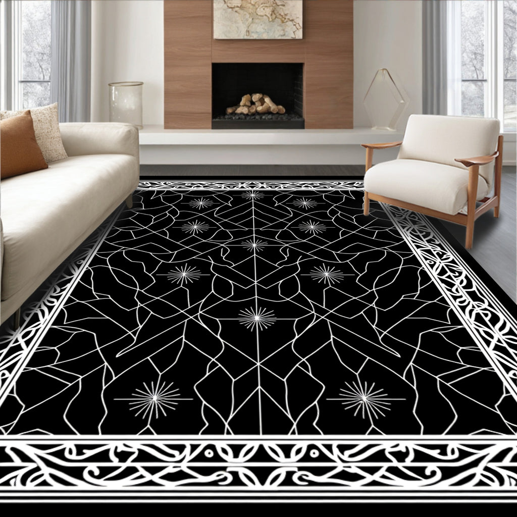 Black and White Geometric Starburst Border Rug