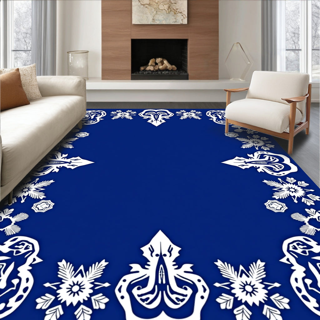 Royal Blue White Ornate Medallion Border Rug