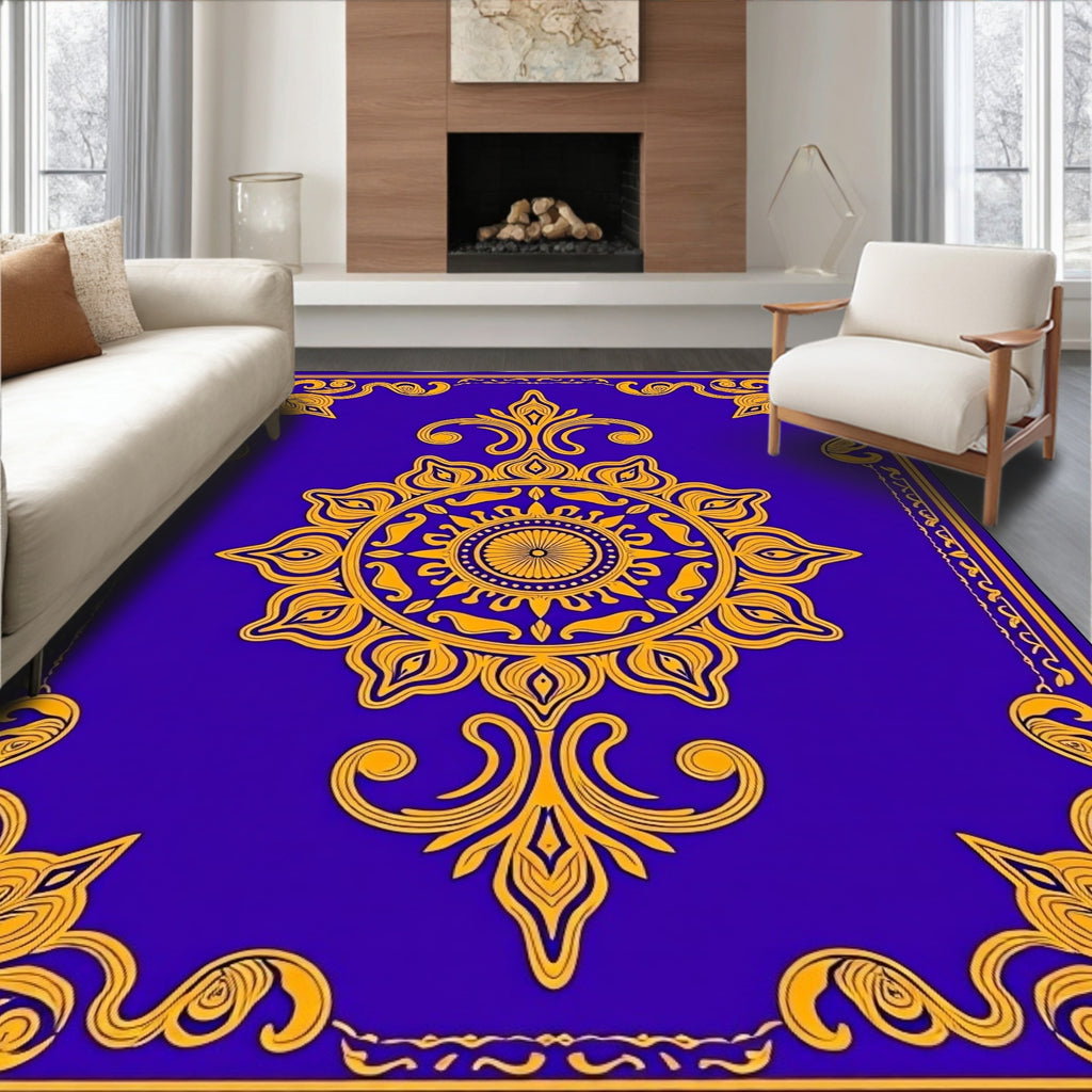 Royal Blue Golden Floral Medallion Rug