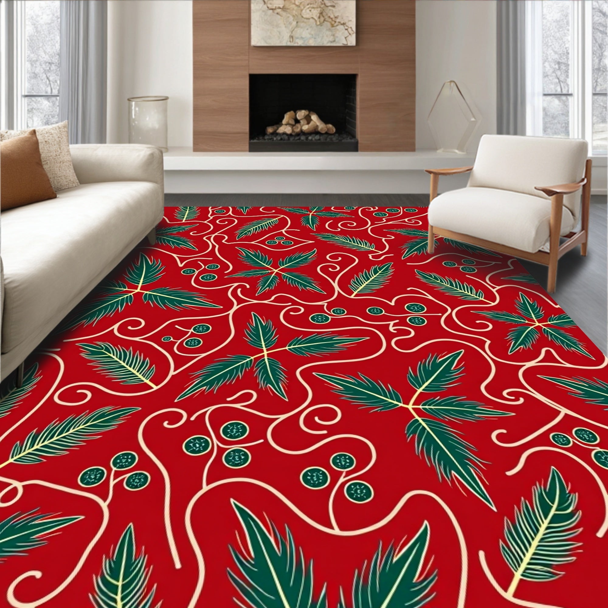 Crimson Red Poinsettia Vine Whimsical Rug