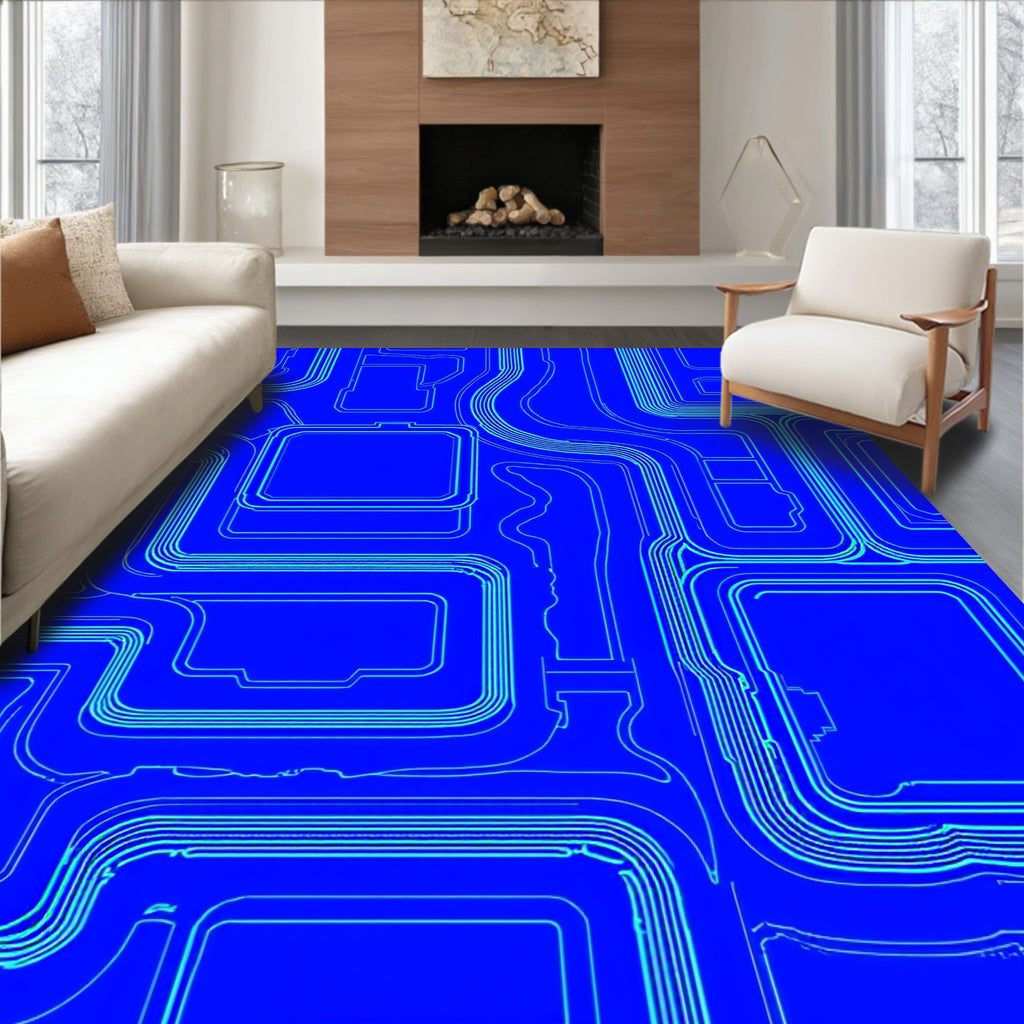 Geometric Circuits Blue Outline Rug