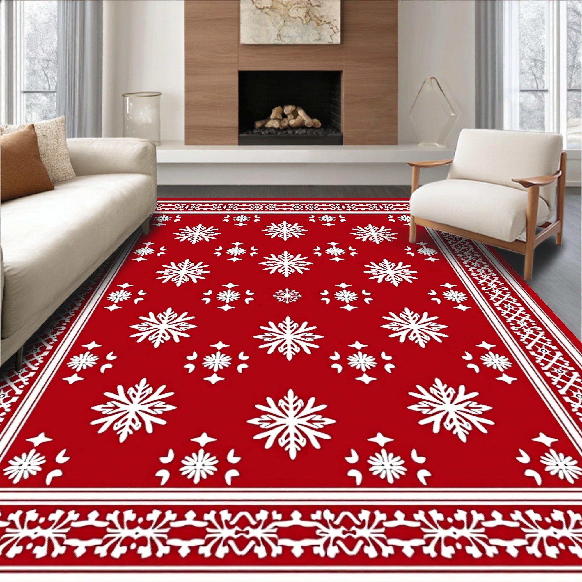 Festive Red White Snowflake Border Rug