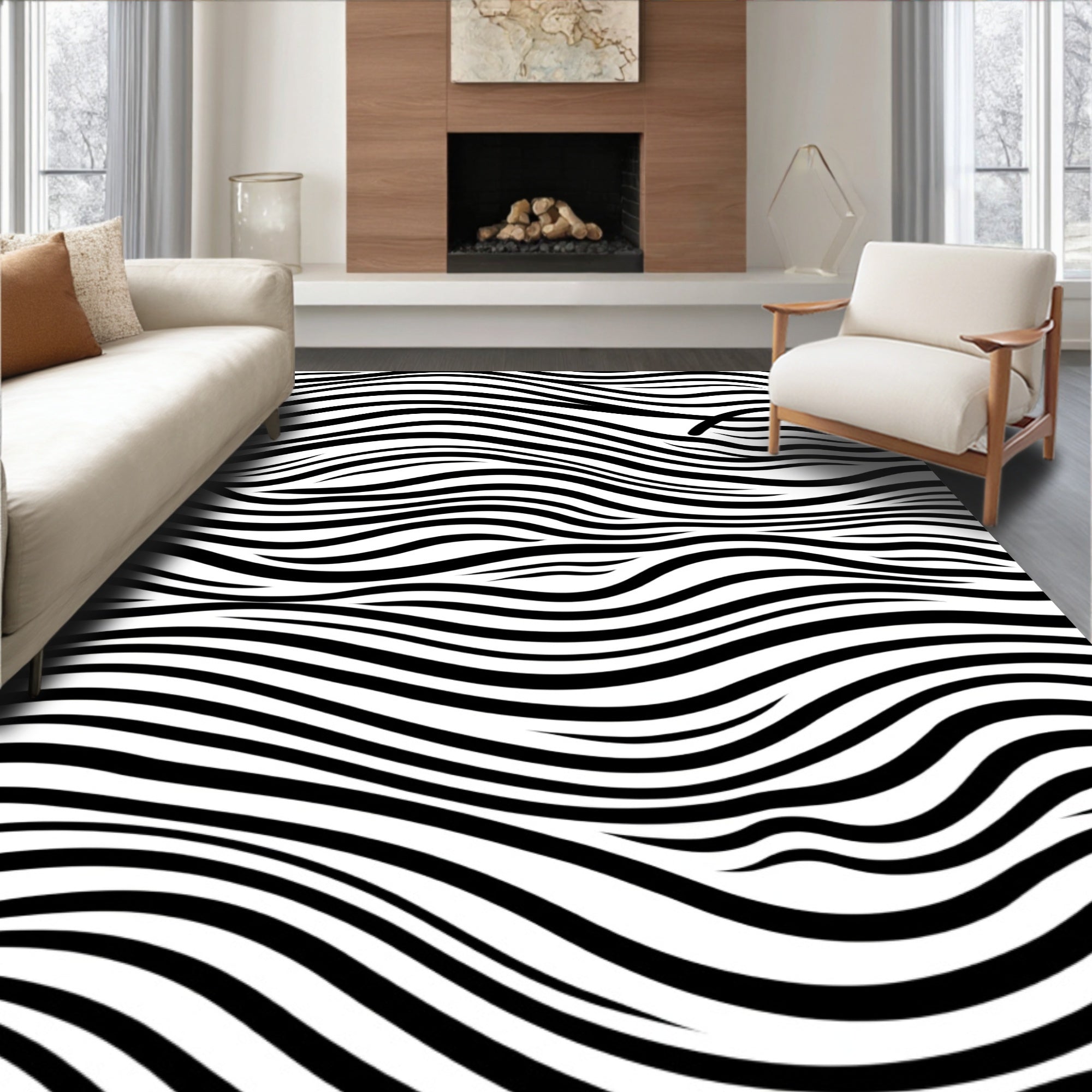 Black White Fluid Line Art Rug
