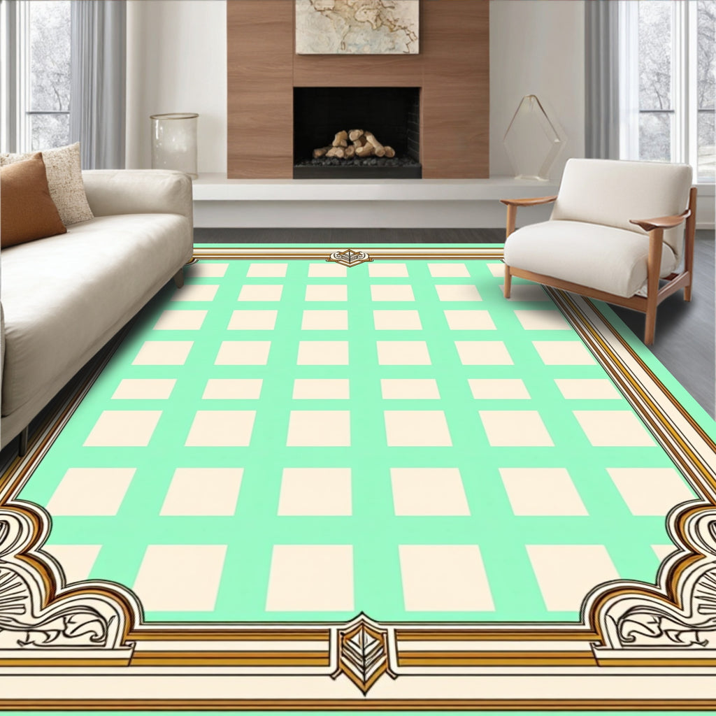 Mint Green Square Grid Ornate Border Rug