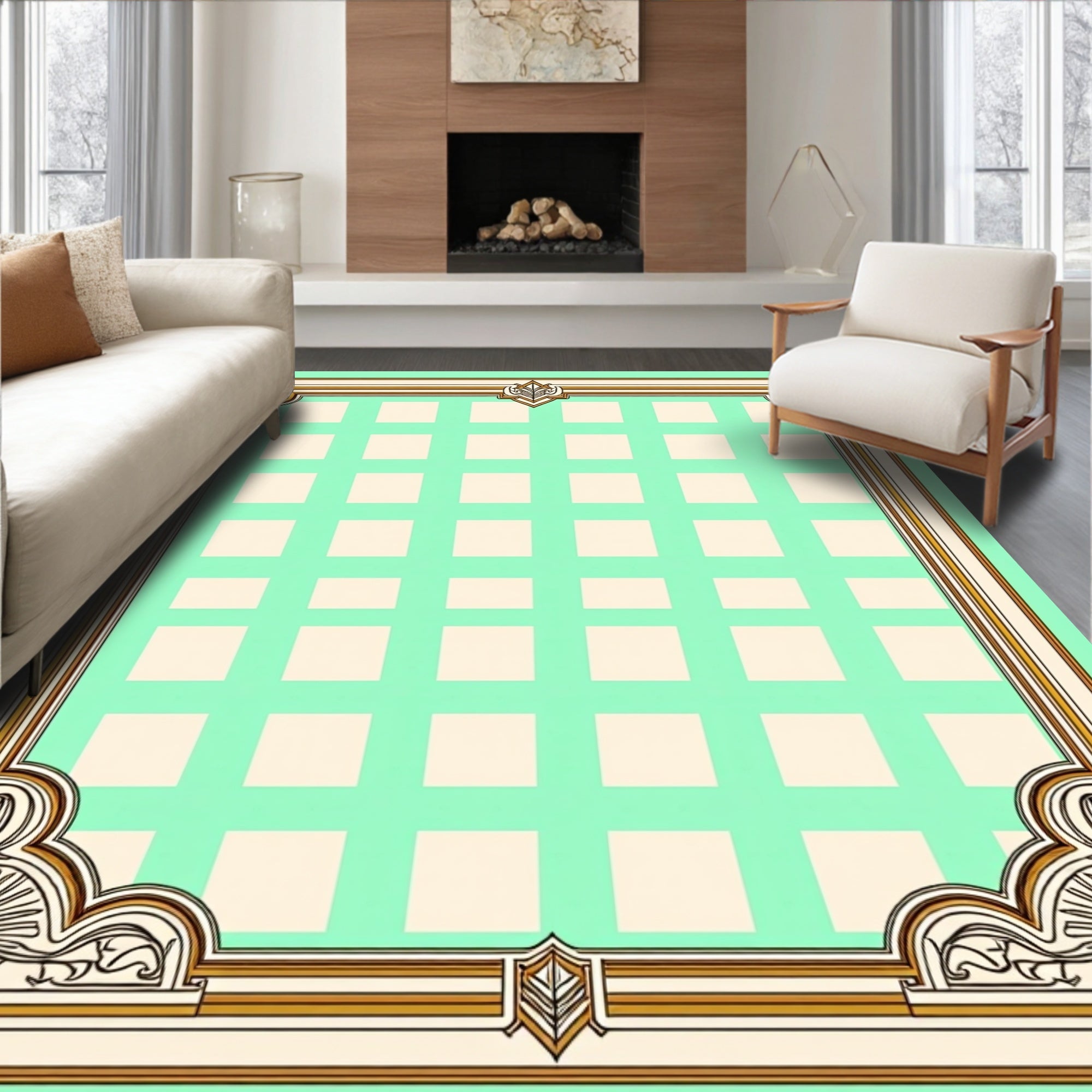 Mint Green Square Grid Ornate Border Rug