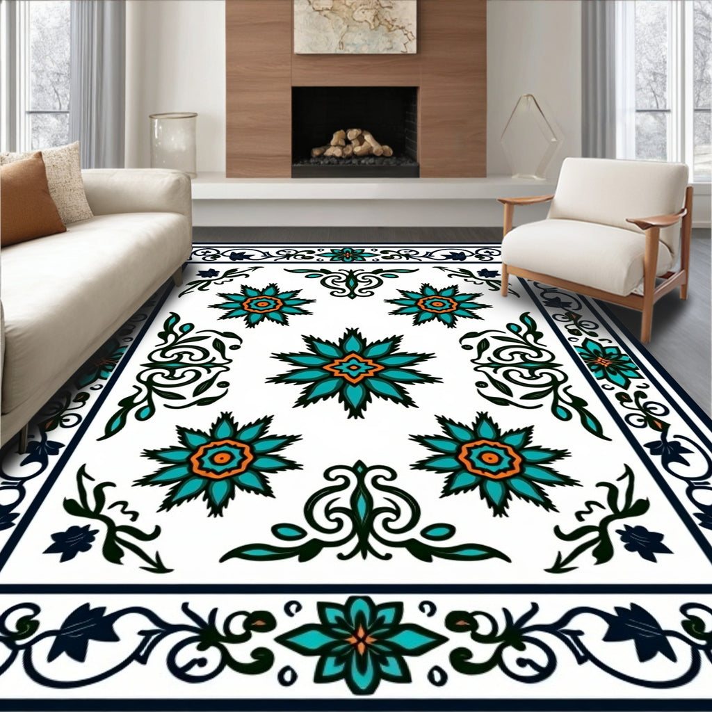 Teal Orange Starburst Floral Border Rug