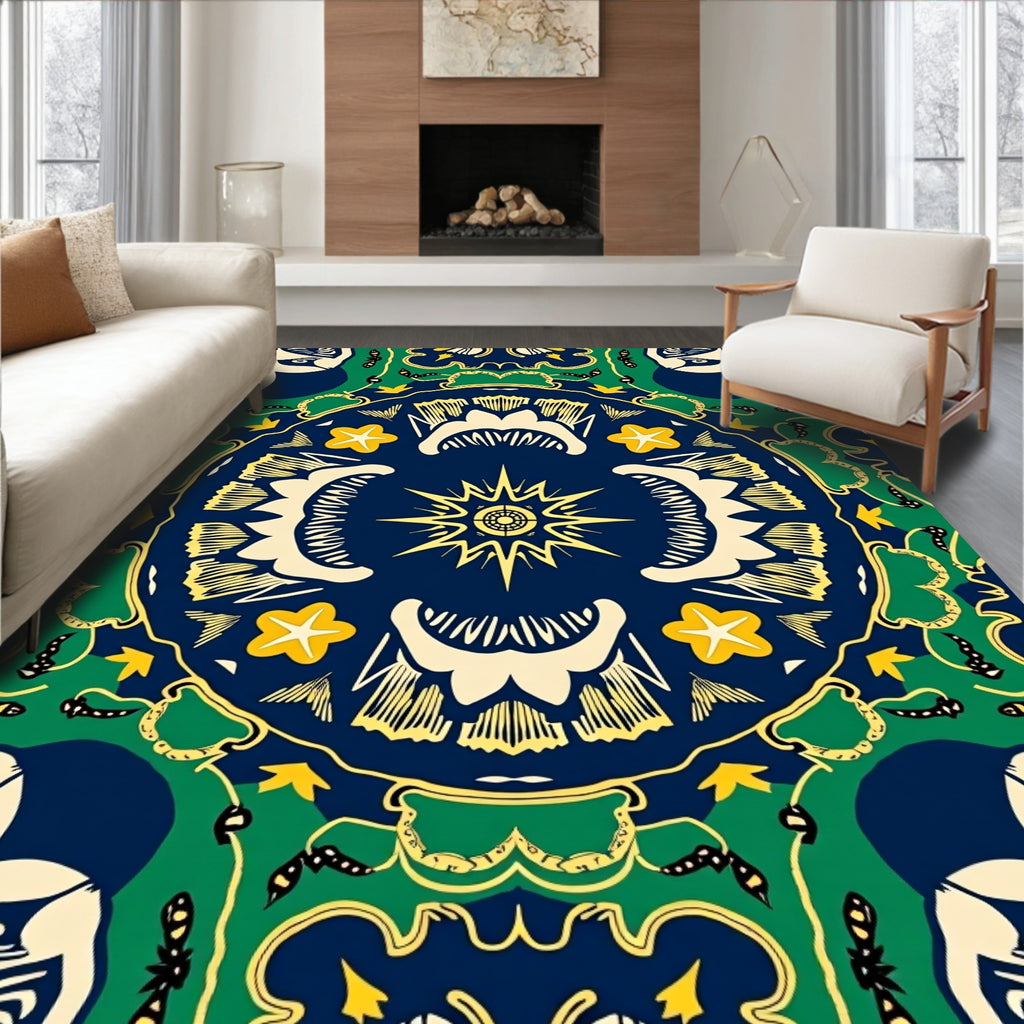 Navy Blue Yellow Floral Medallion Rug