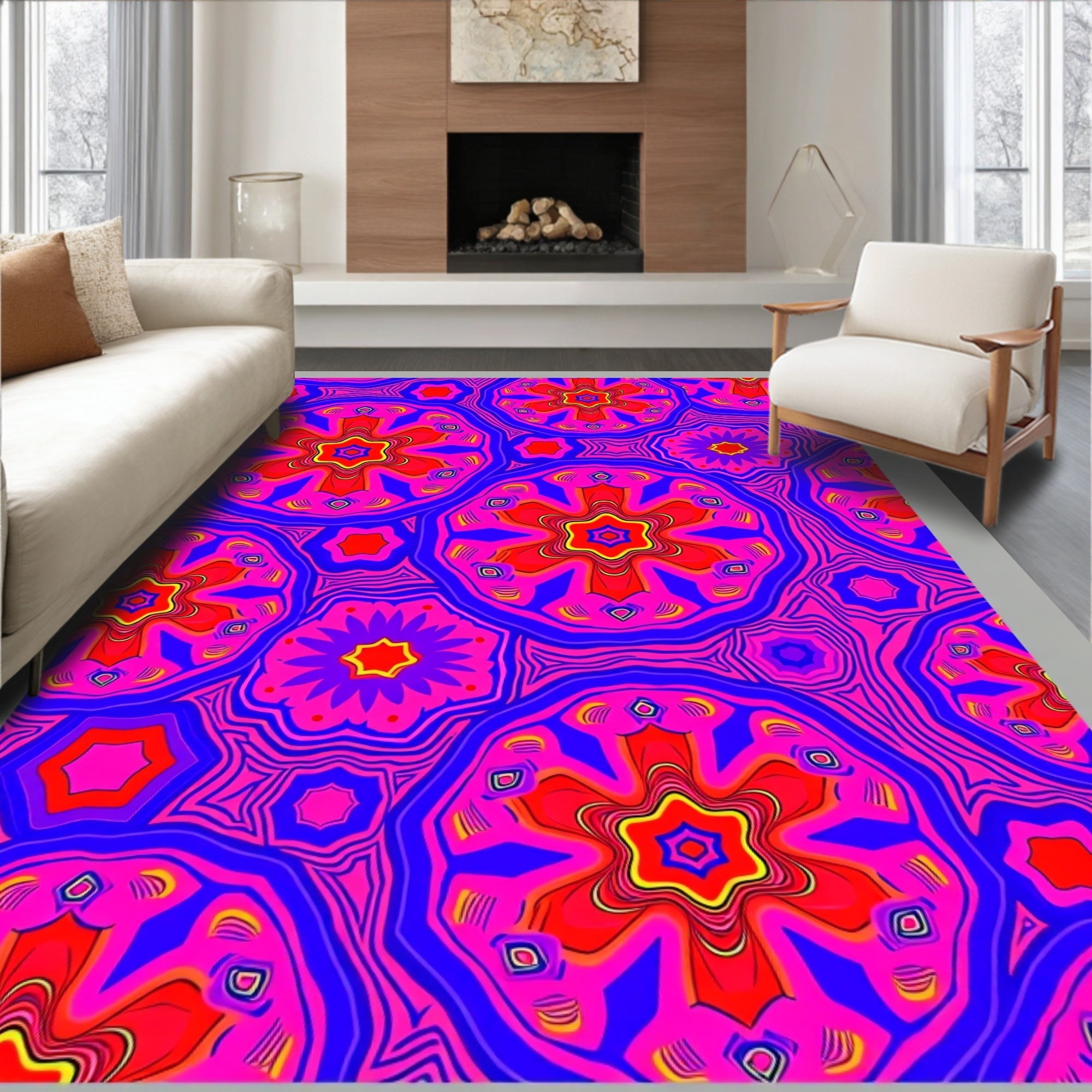 Vivid Magenta Blue Starburst Kaleidoscope Rug