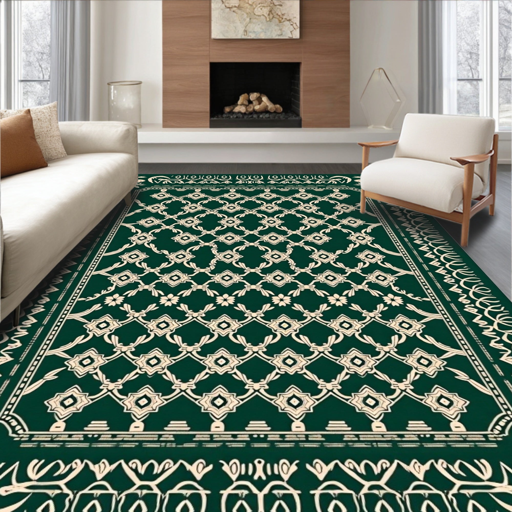 Emerald Ivory Intricate Floral Lattice Rug