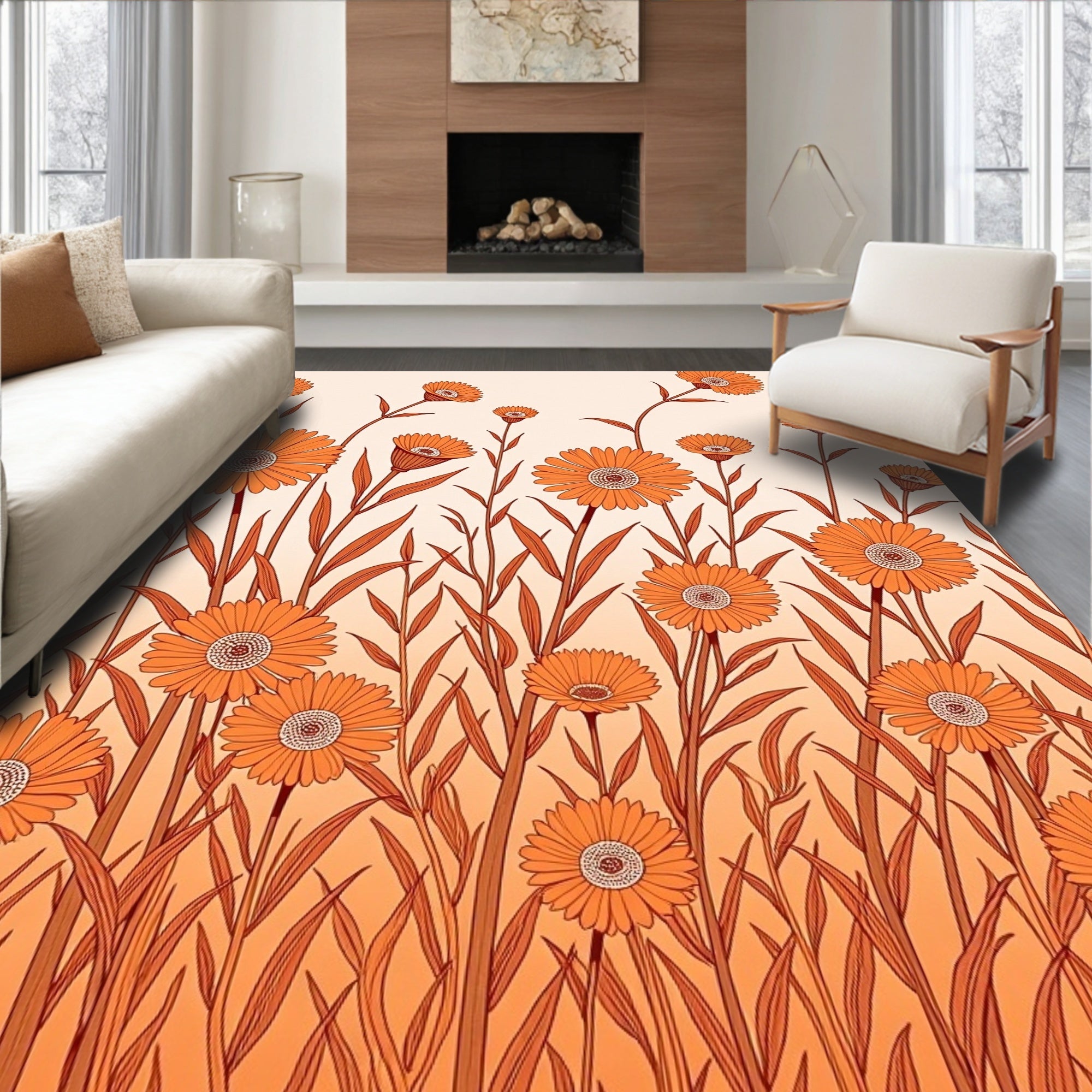 Orange Daisy Meadow Field Rug
