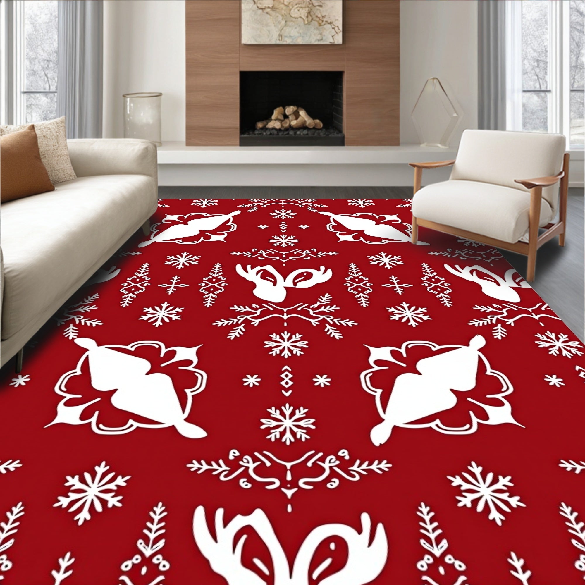 Crimson White Snowflake Reindeer Medallion Rug