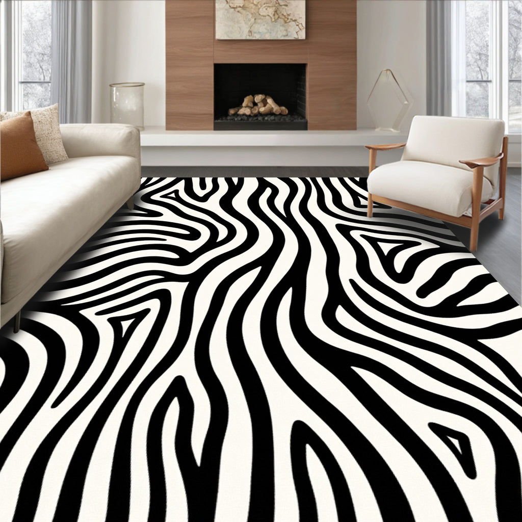 Black White Wavy Zebra Stripes Rug