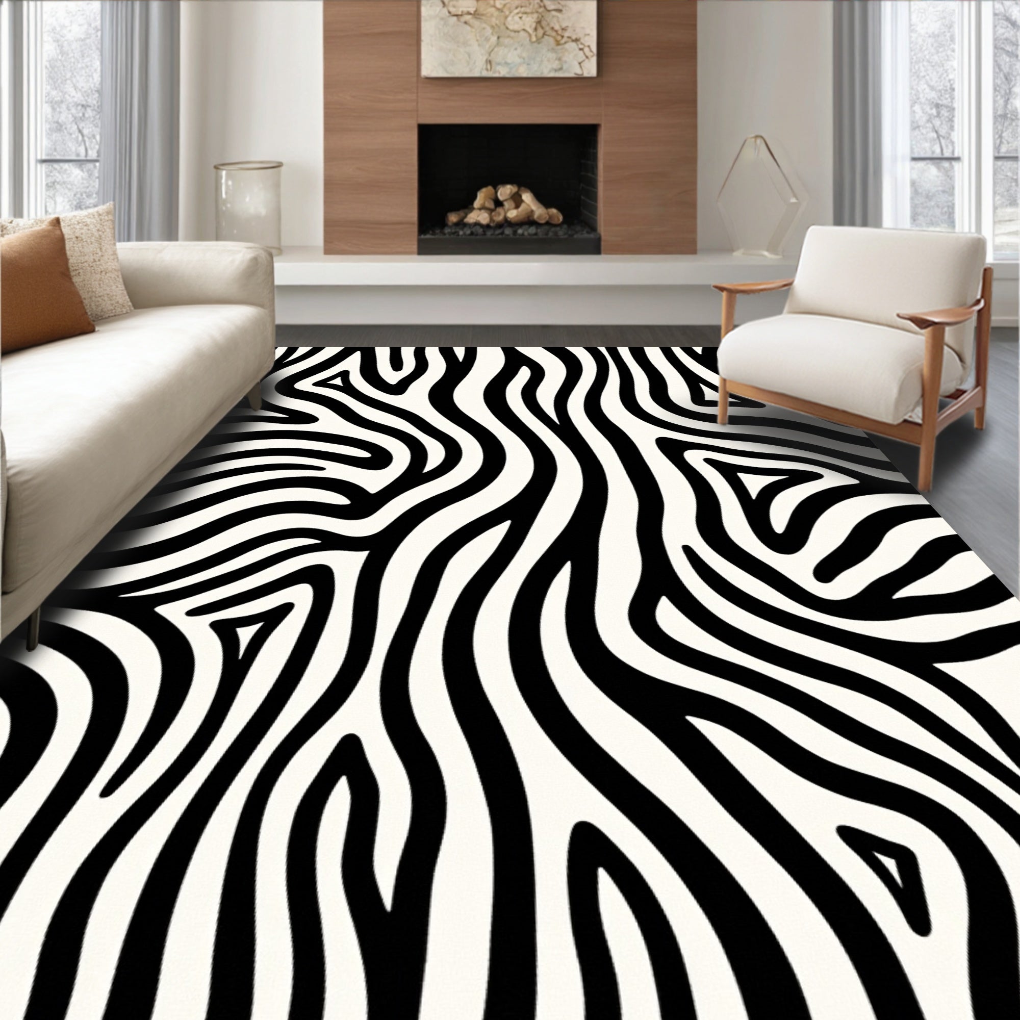 Black White Wavy Zebra Stripes Rug