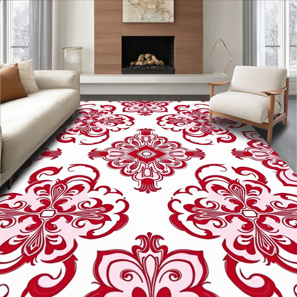 Crimson Floral Lattice Swirl Rug