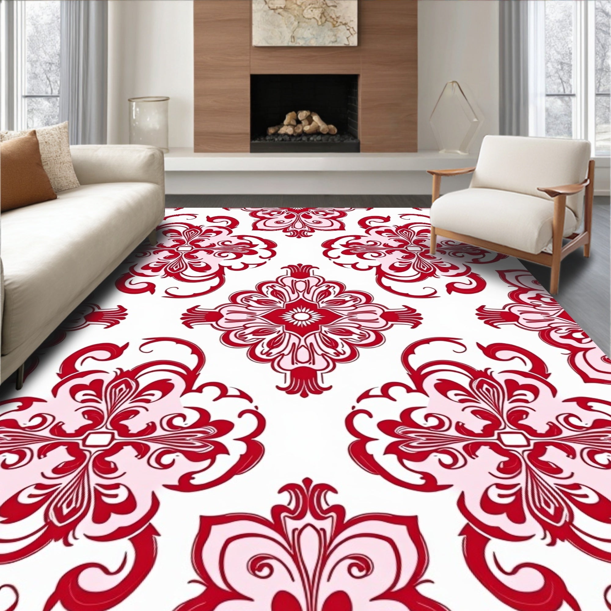 Crimson Floral Lattice Swirl Rug
