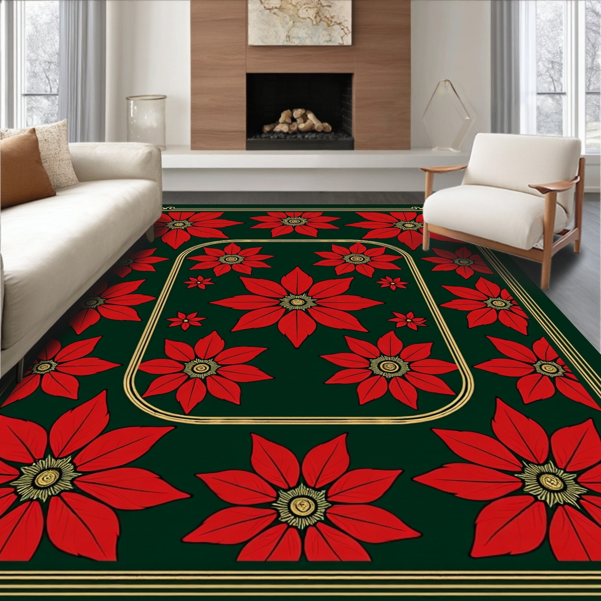Deep Emerald Red Poinsettia Floral Border Rug