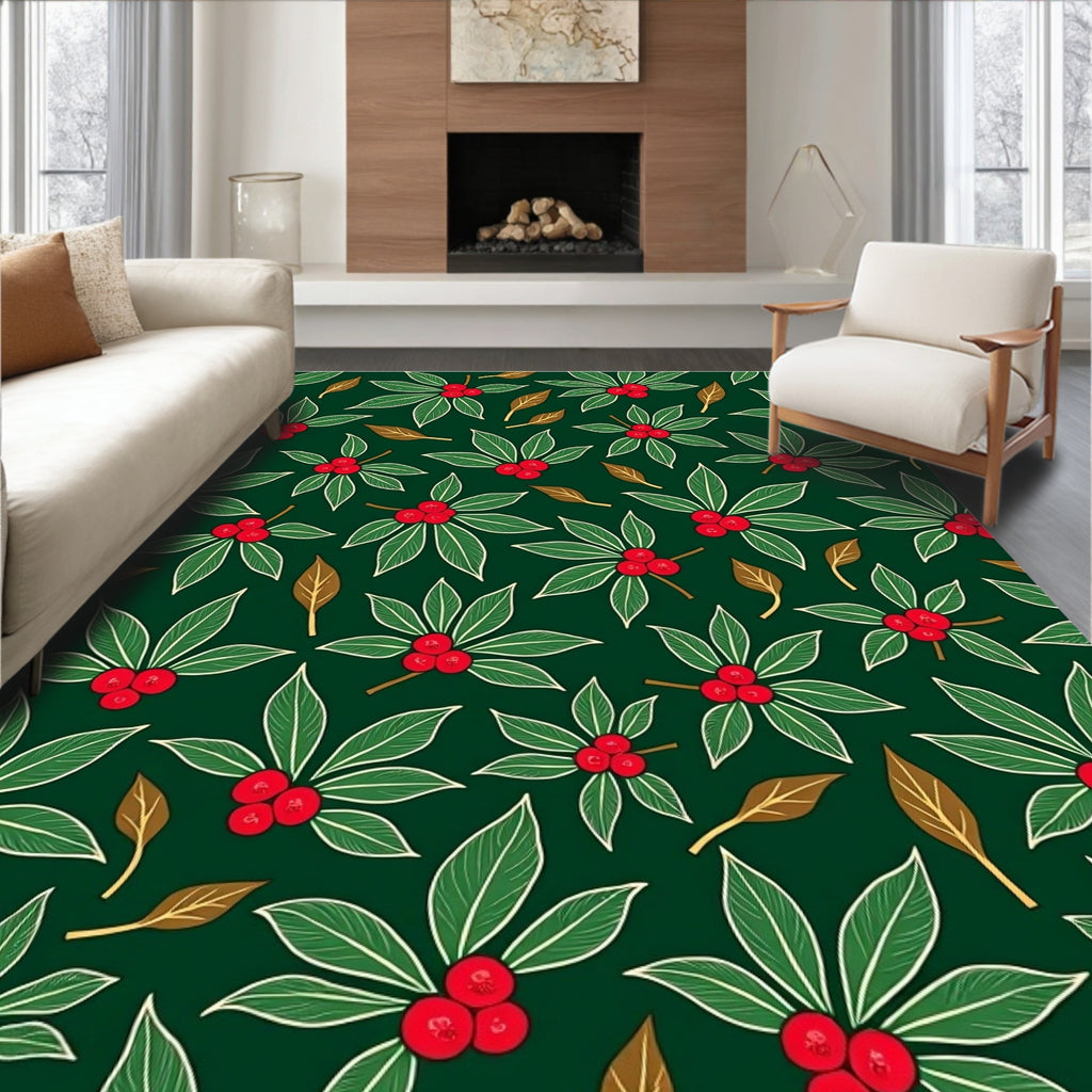 Deep Green Holly Berry Leaf Arrangement Rug