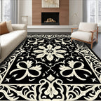 Black and Cream Floral Arabesque Border Rug