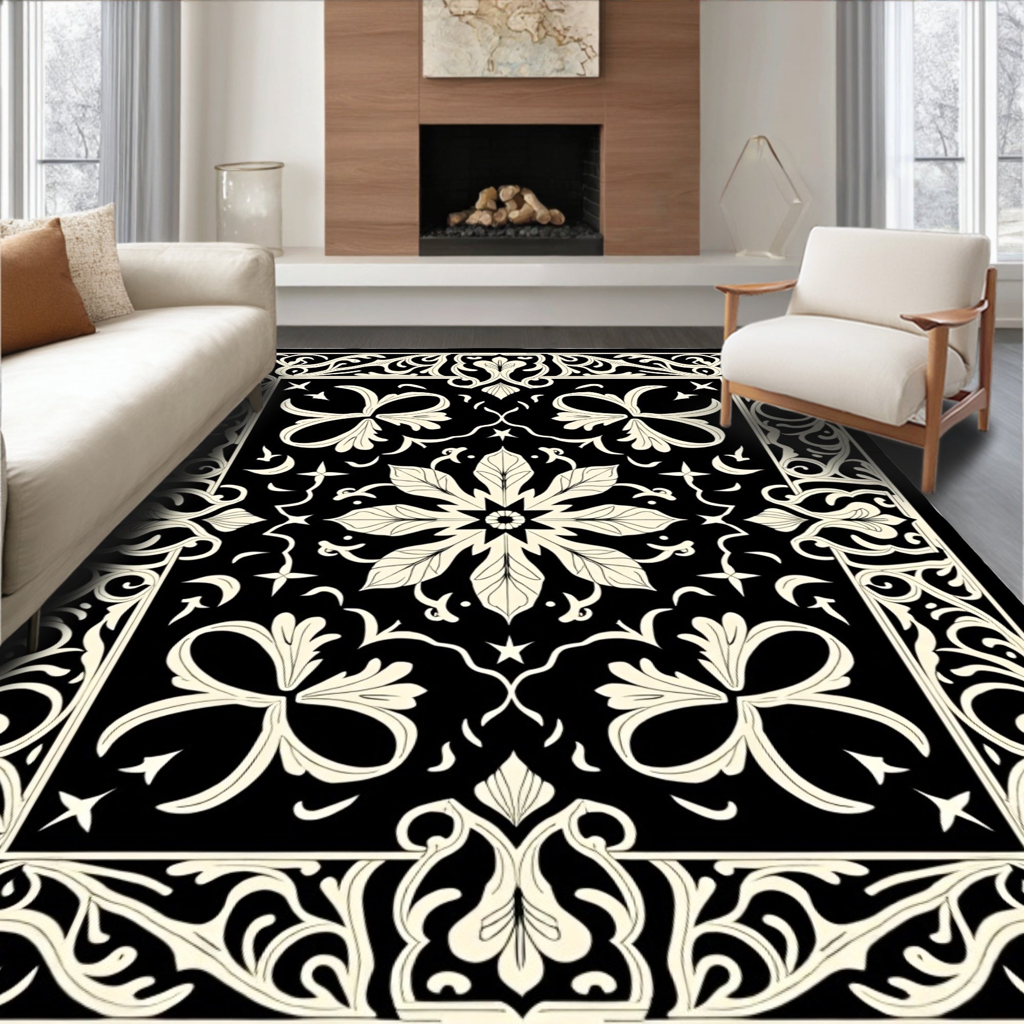 Black and Cream Floral Arabesque Border Rug