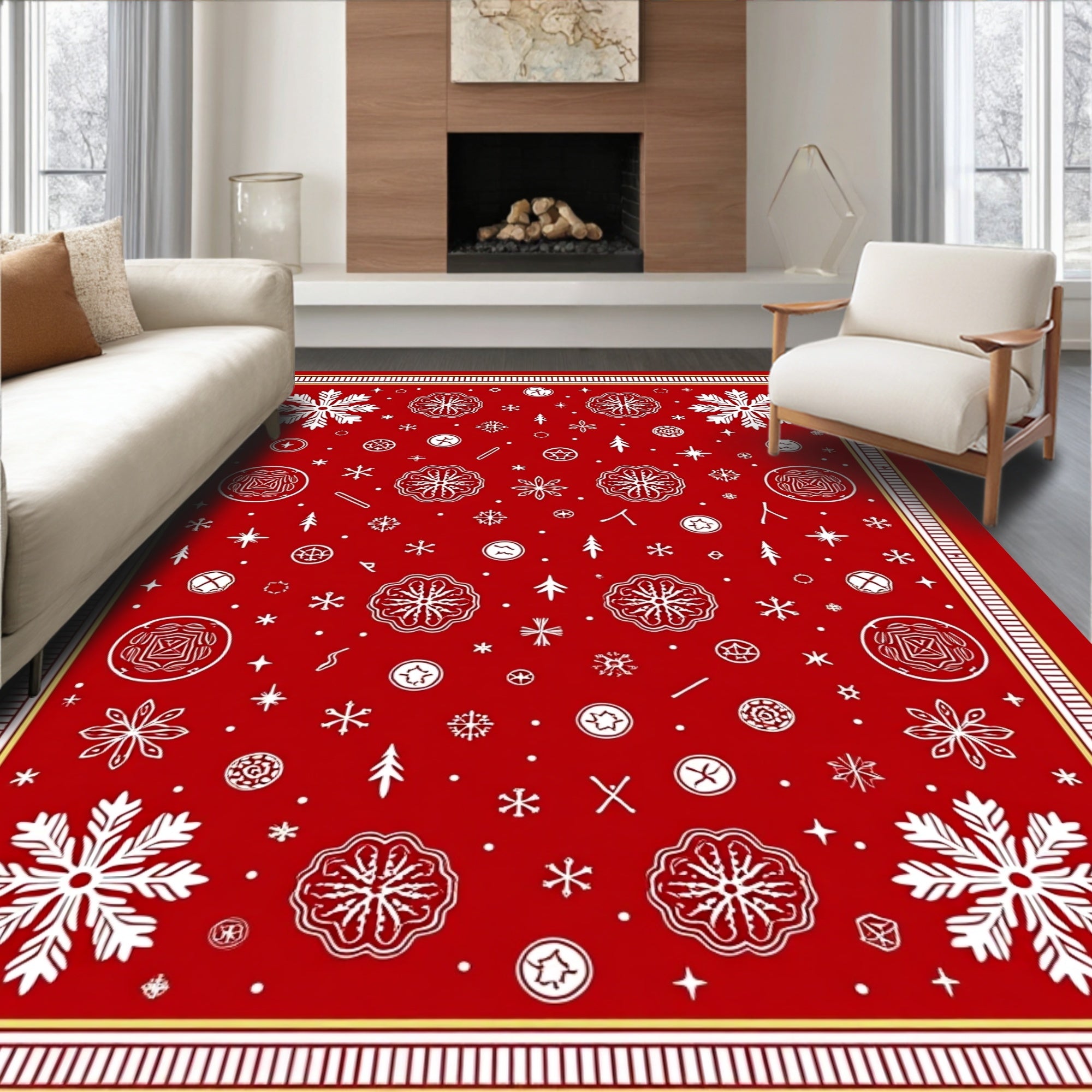 Bright Red Snowflake Medallion Collage Rug
