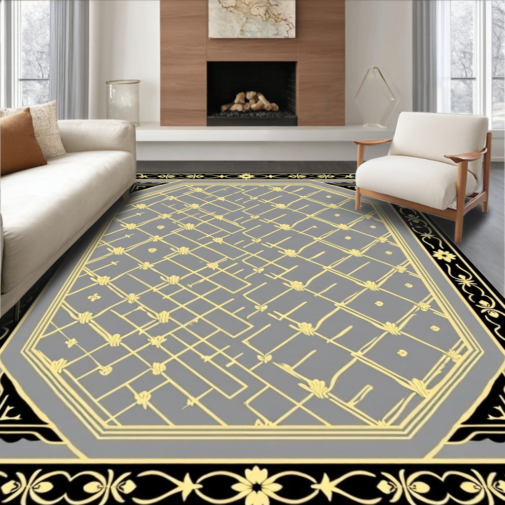 Gray and Black Ornate Border Rug