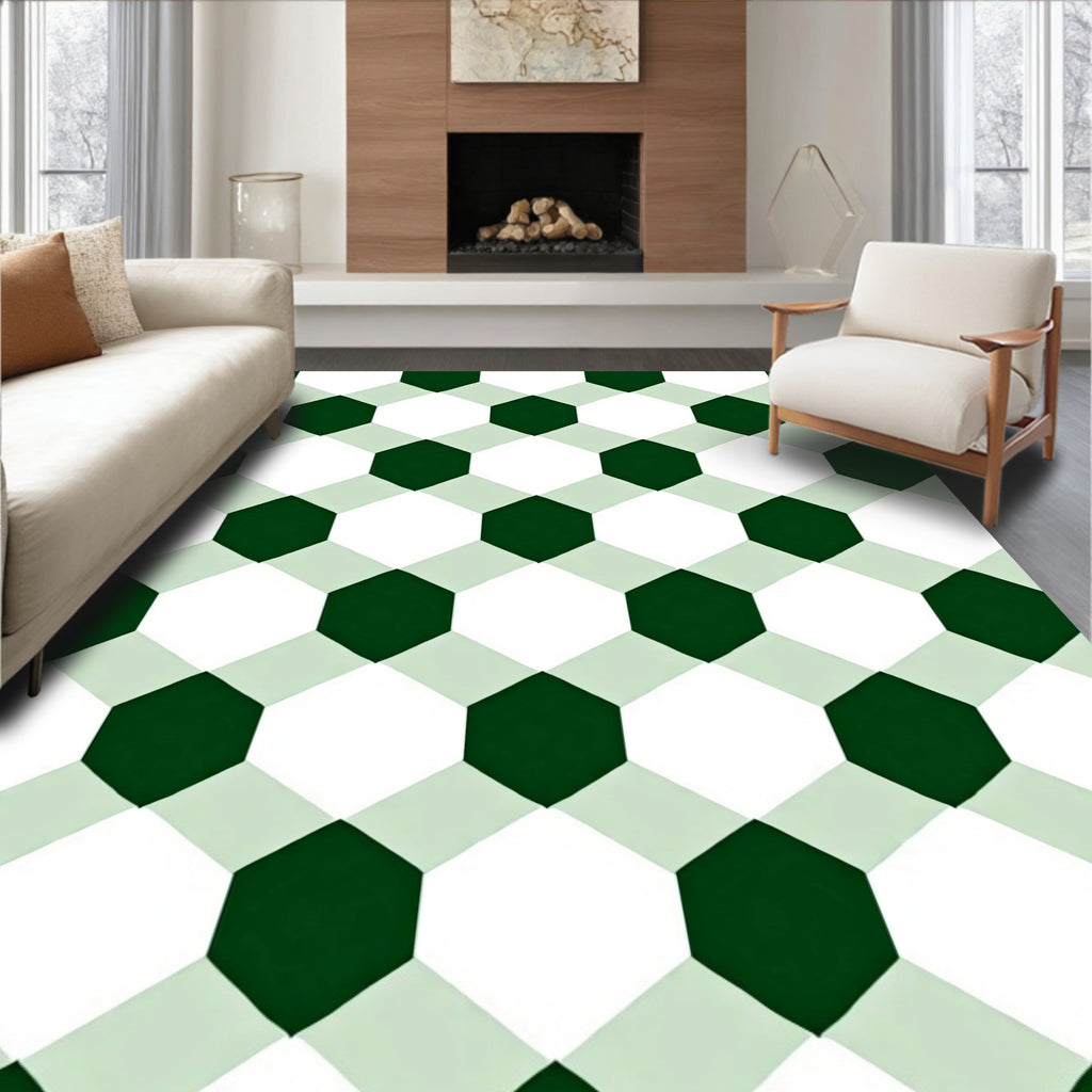 Emerald Green White Hexagon Grid Rug