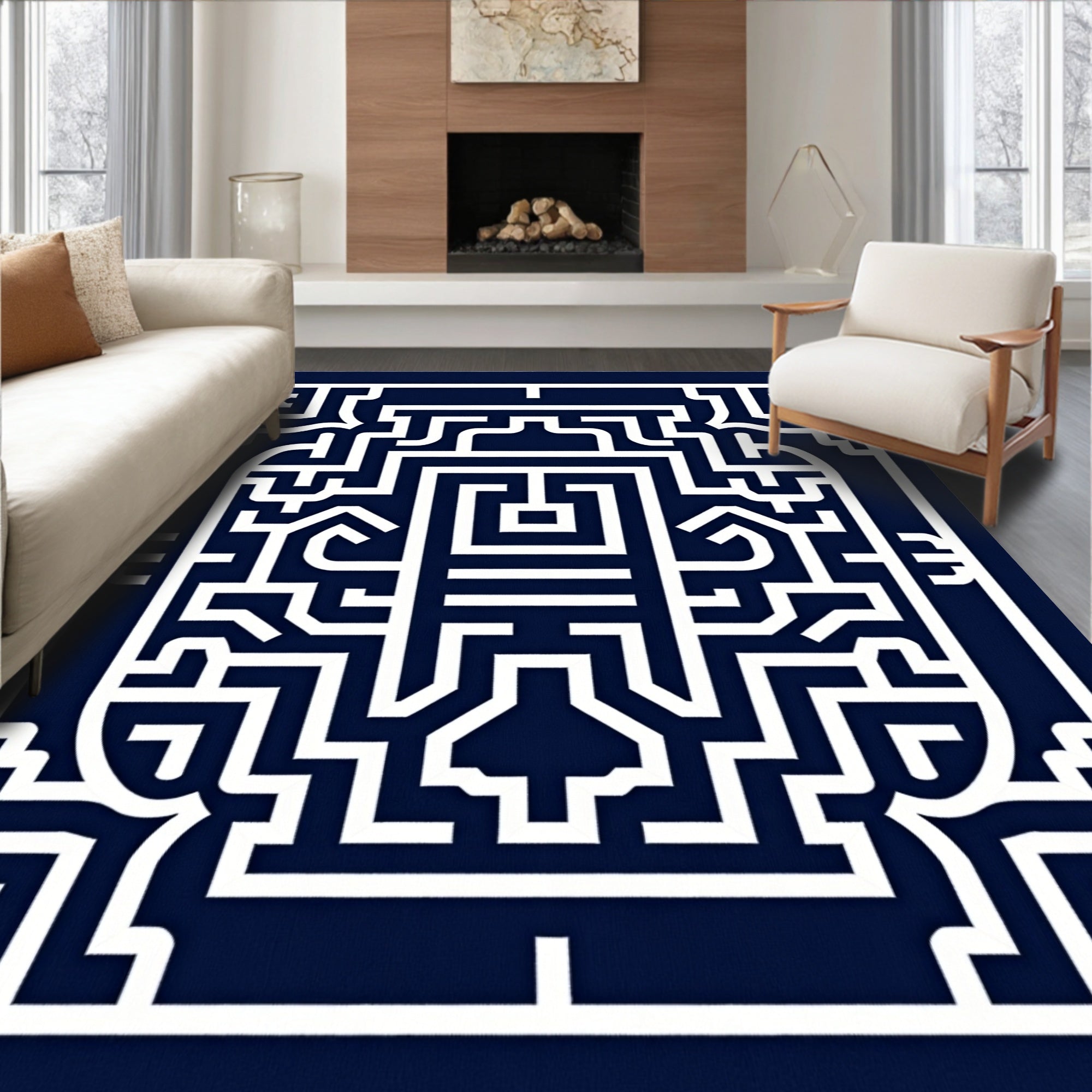Navy White Geometric Labyrinth Rug