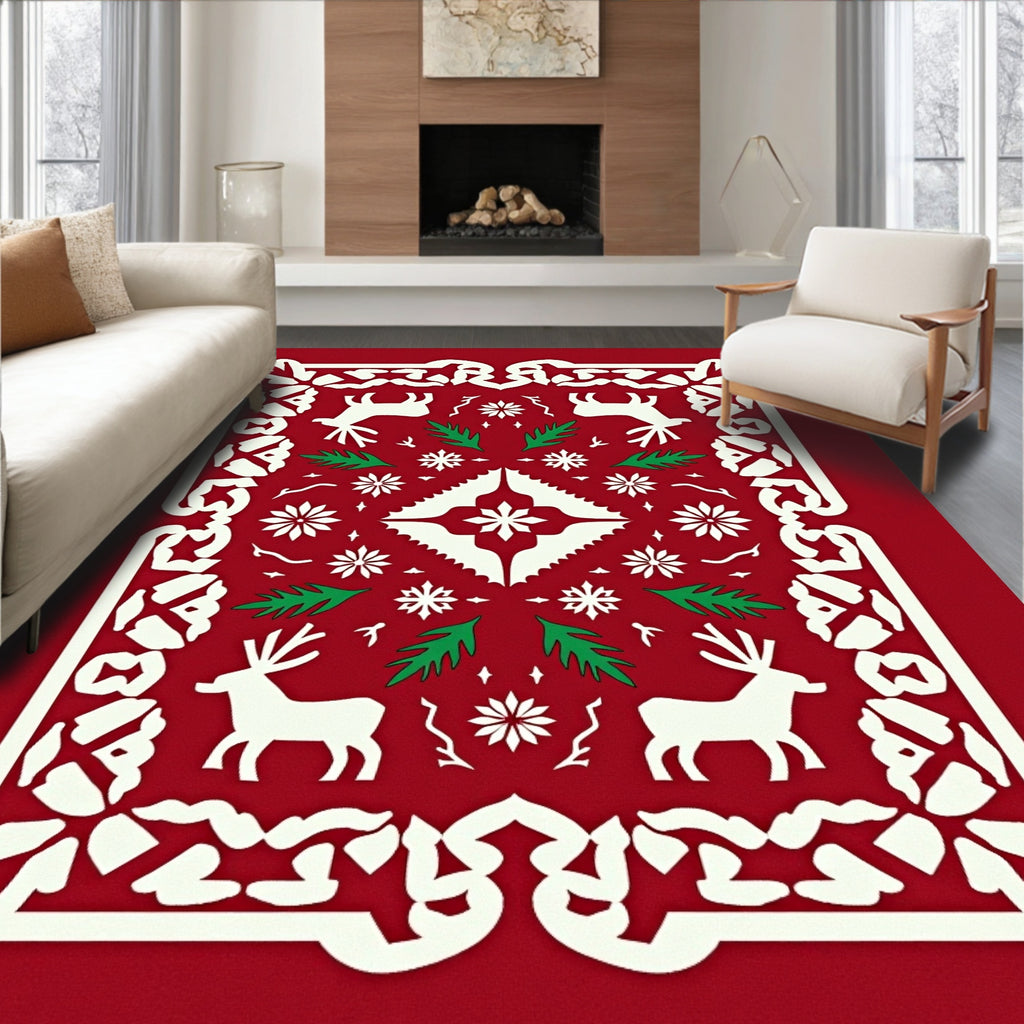 Crimson Reindeer Snowflake Festive Border Rug