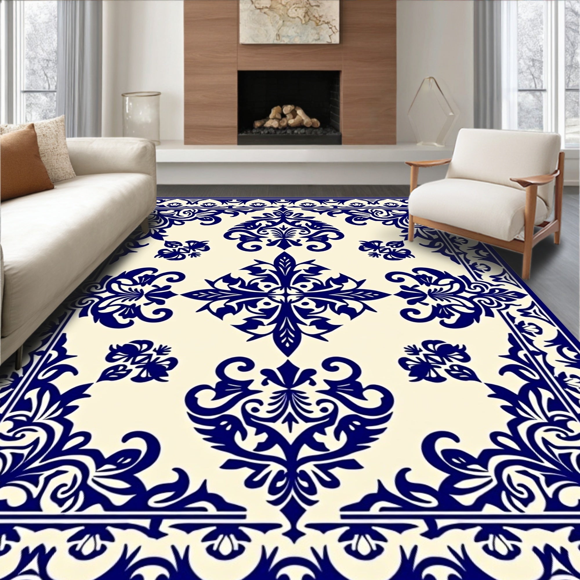 Navy Blue Damask Flourish Border Rug
