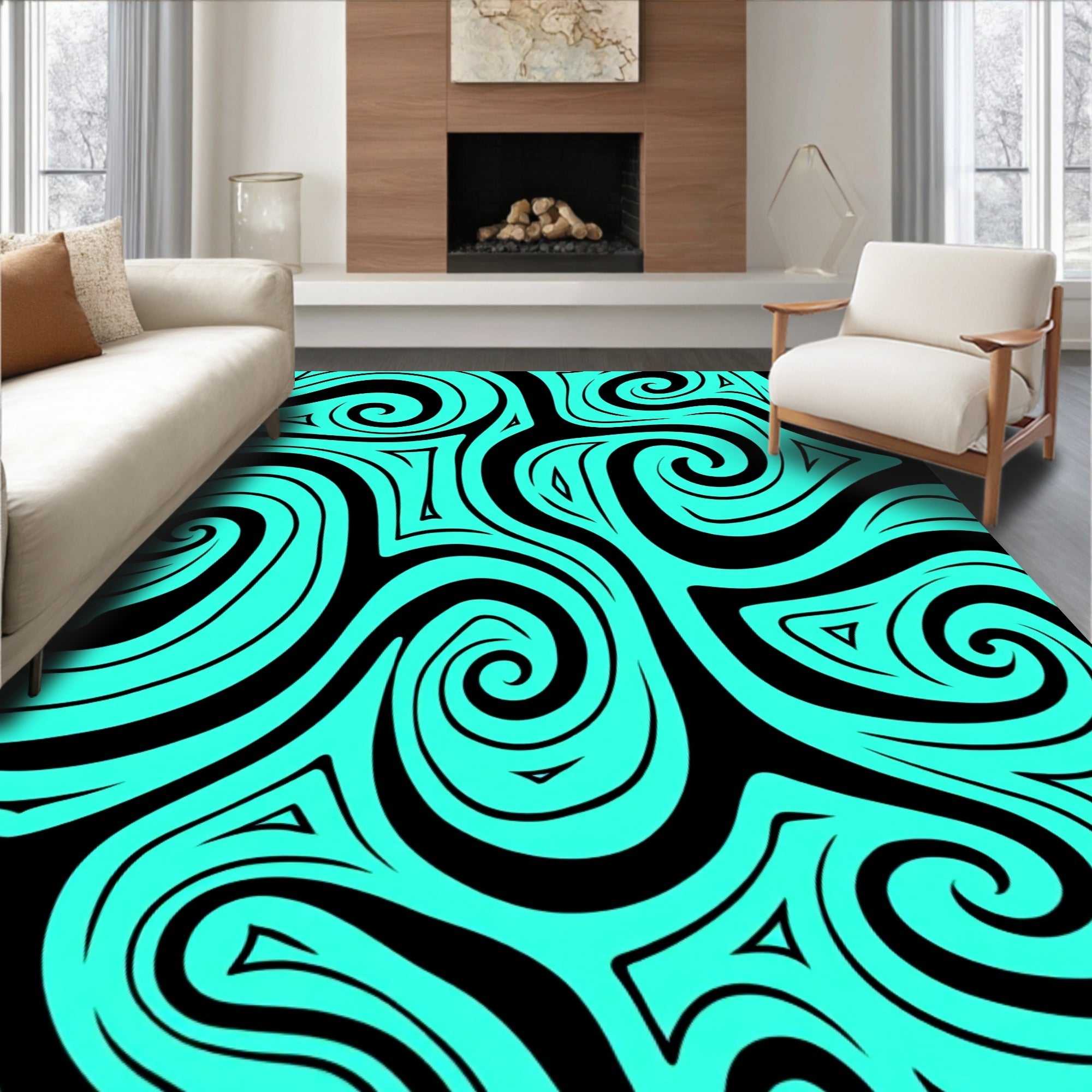 Vibrant Teal Tribal Swirl Rug