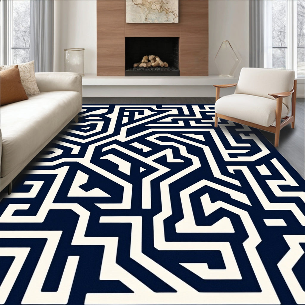 Deep Blue Maze Geometric Lines Rug