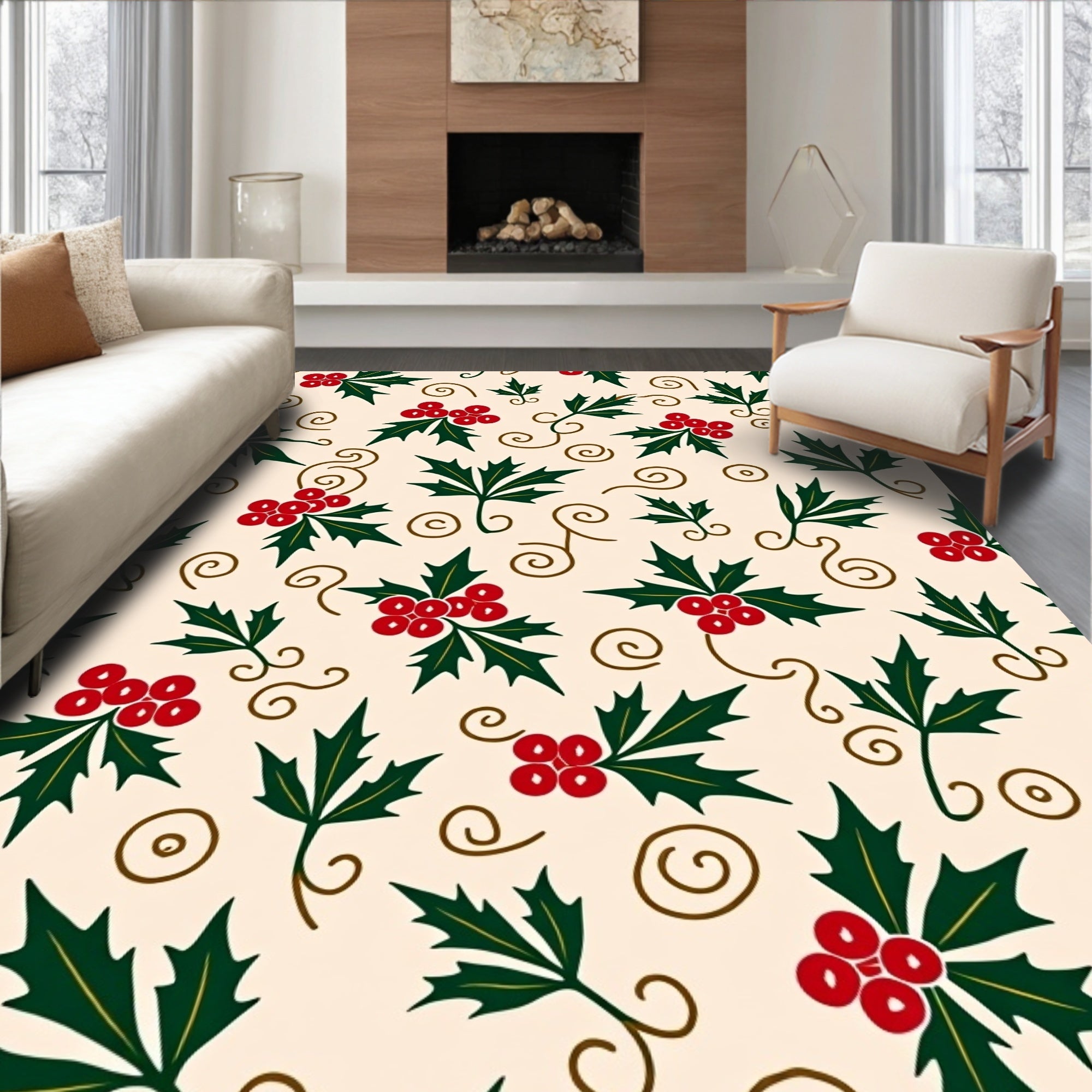 Red Holly Berry Vine Swirls Rug
