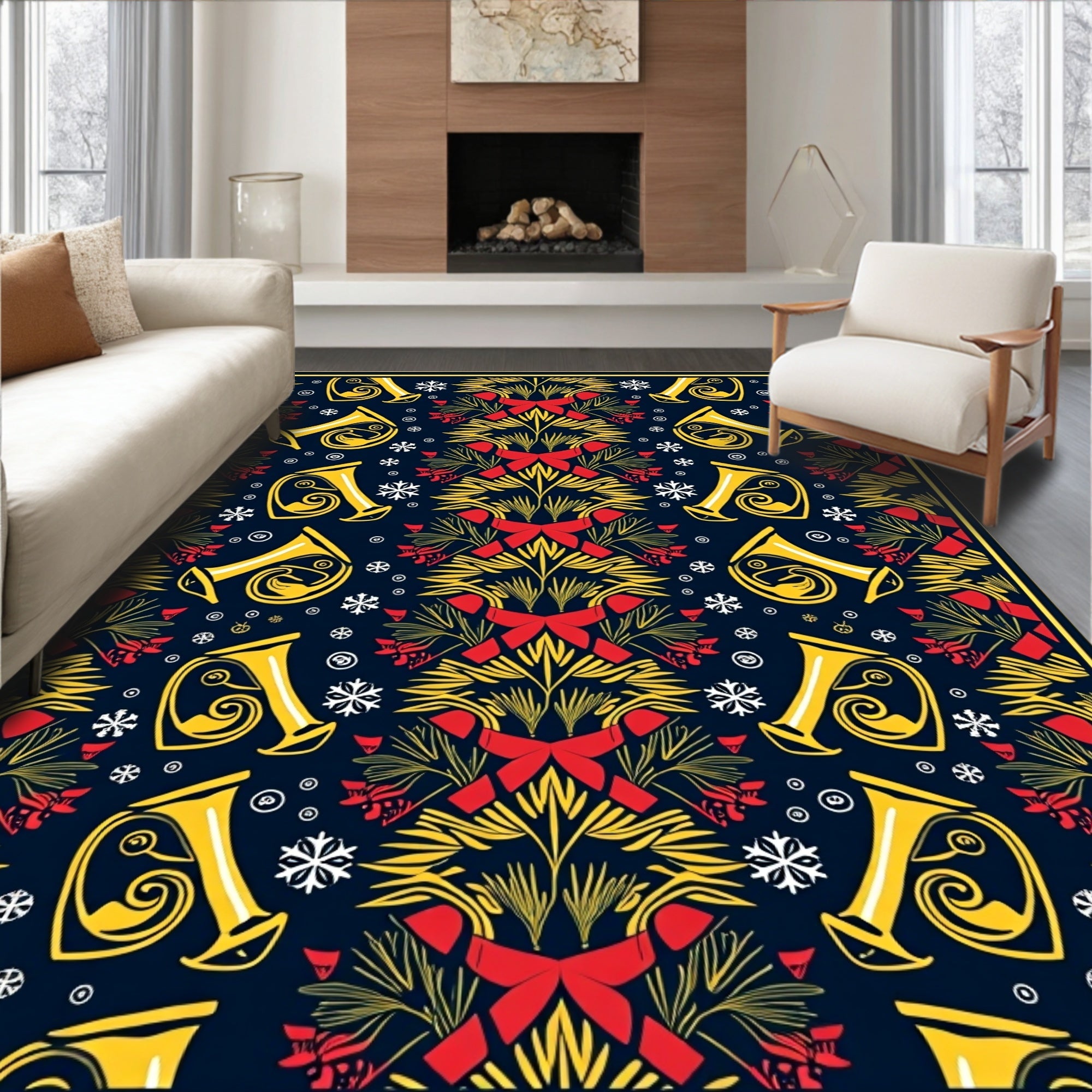 Festive Gold Trumpet Red Bow Snowflakes Rug