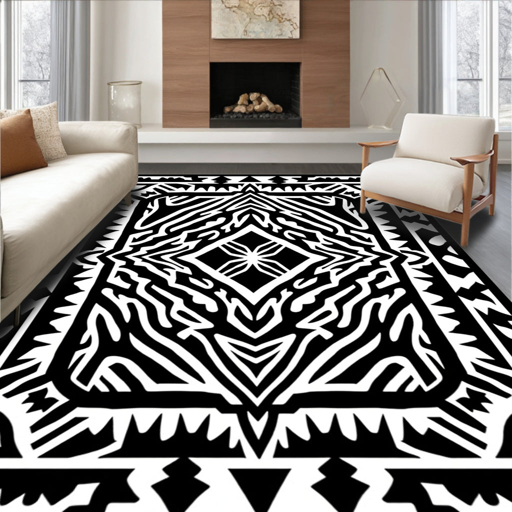 Bold Black And White Geometric Statement Rug