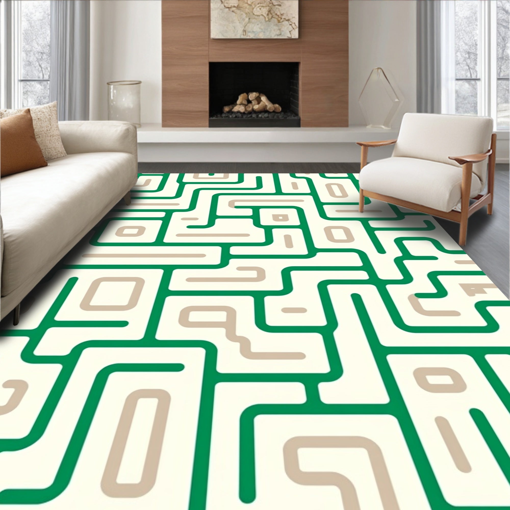 Abstract Green Maze Geometric Rug