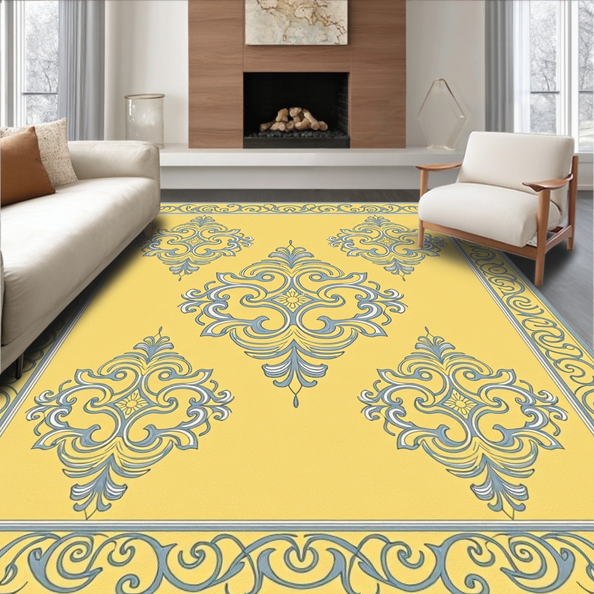 Pale Yellow Gray Damask Scroll Rug