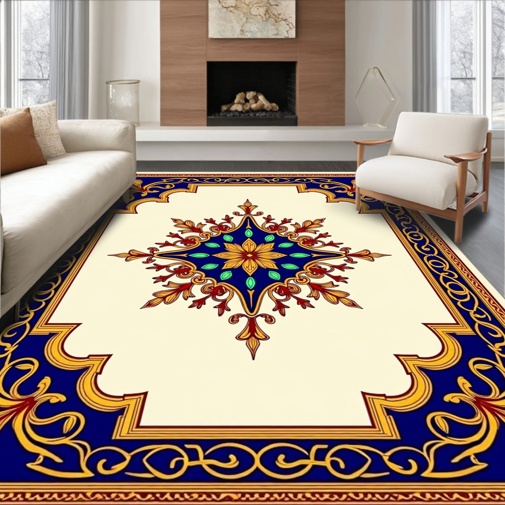 Elegant Navy Gold Floral Medallion Rug