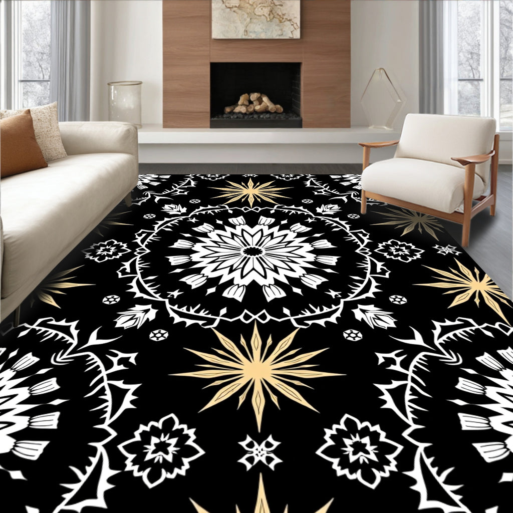 Black White Gold Starburst Medallion Rug