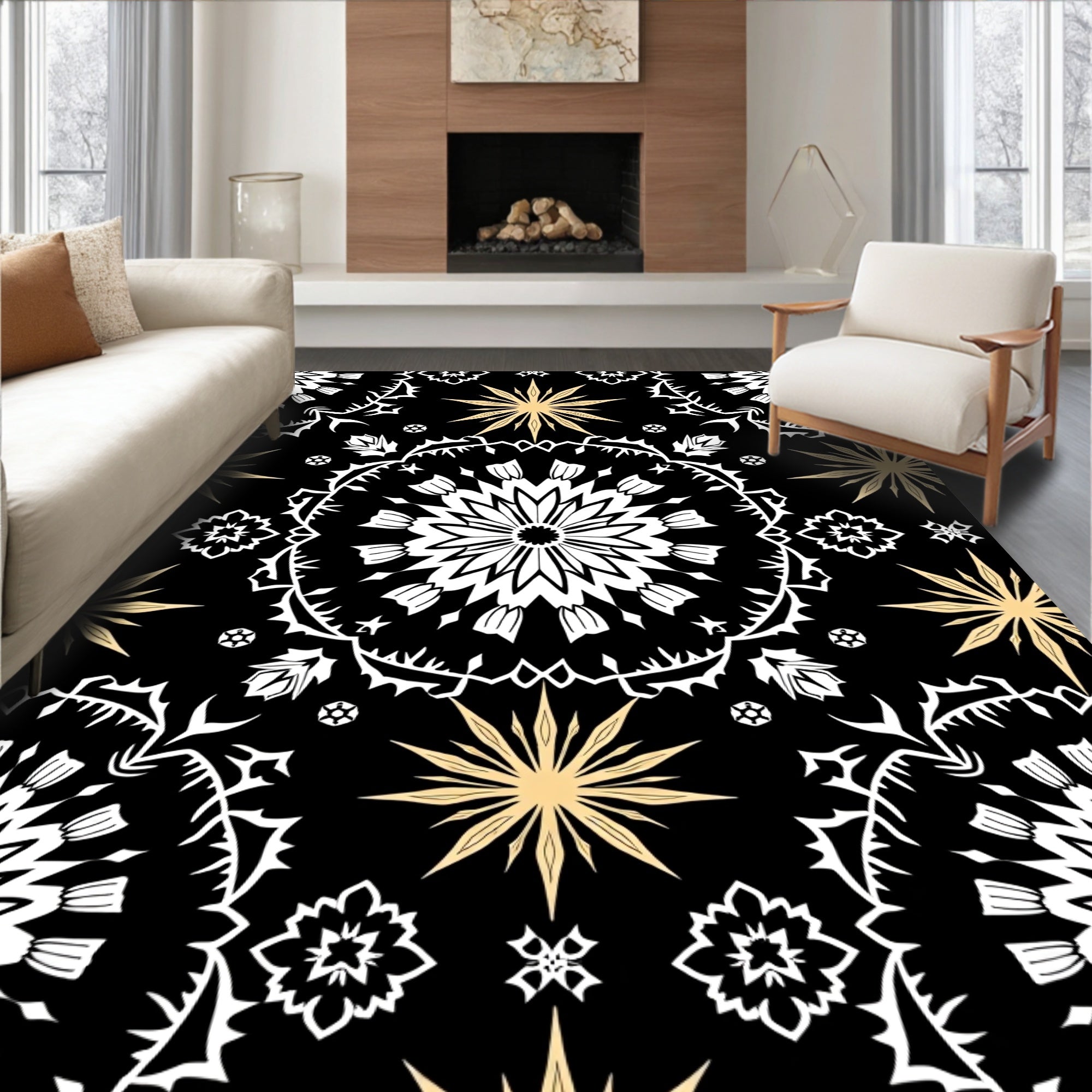 Black White Gold Starburst Medallion Rug