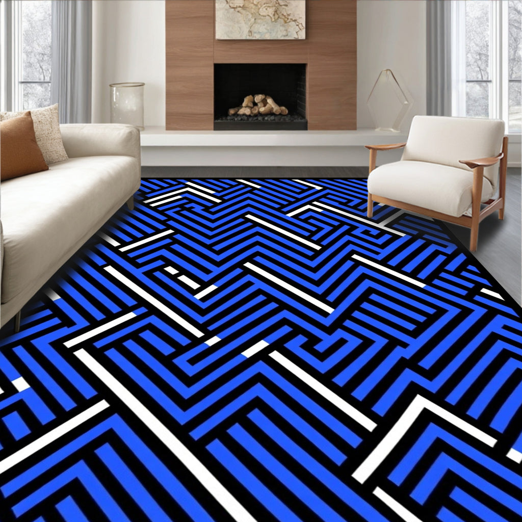 Vibrant Blue Black White Interlocking Lines Rug