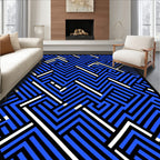 Vibrant Blue Black White Interlocking Lines Rug