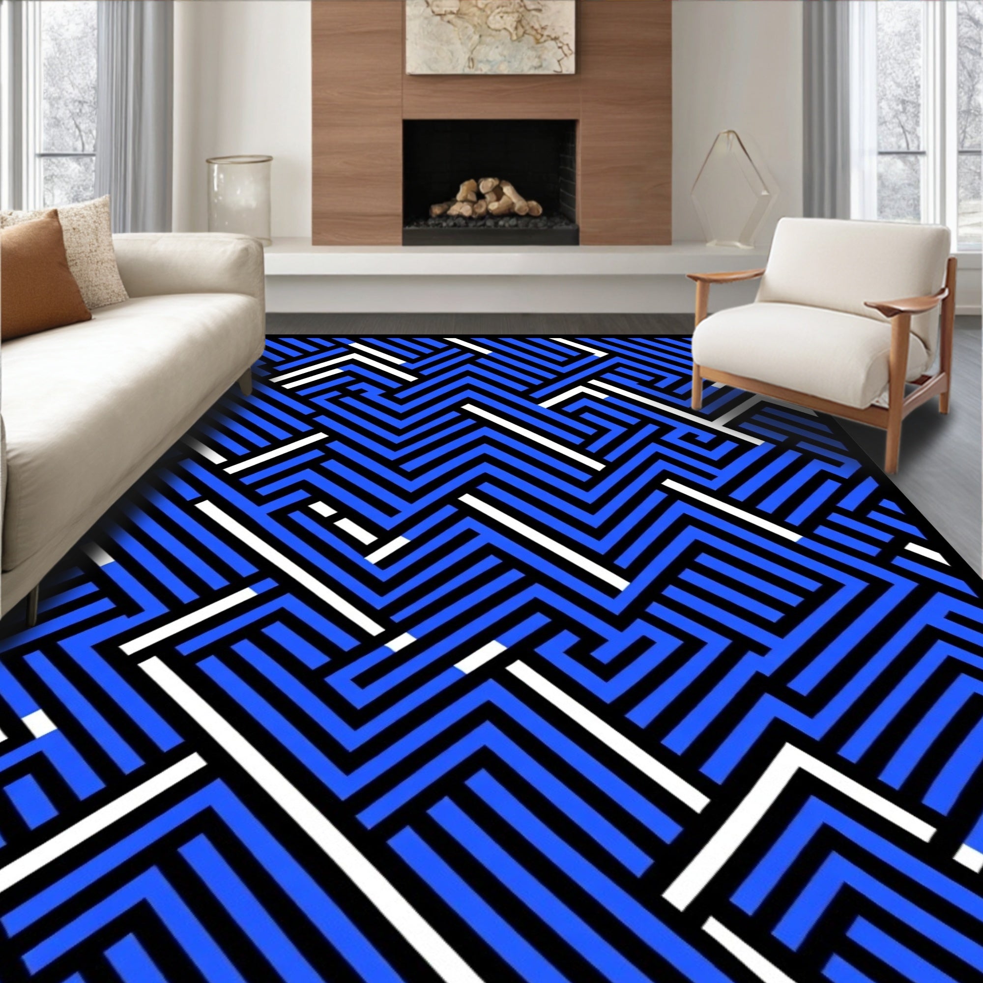Vibrant Blue Black White Interlocking Lines Rug