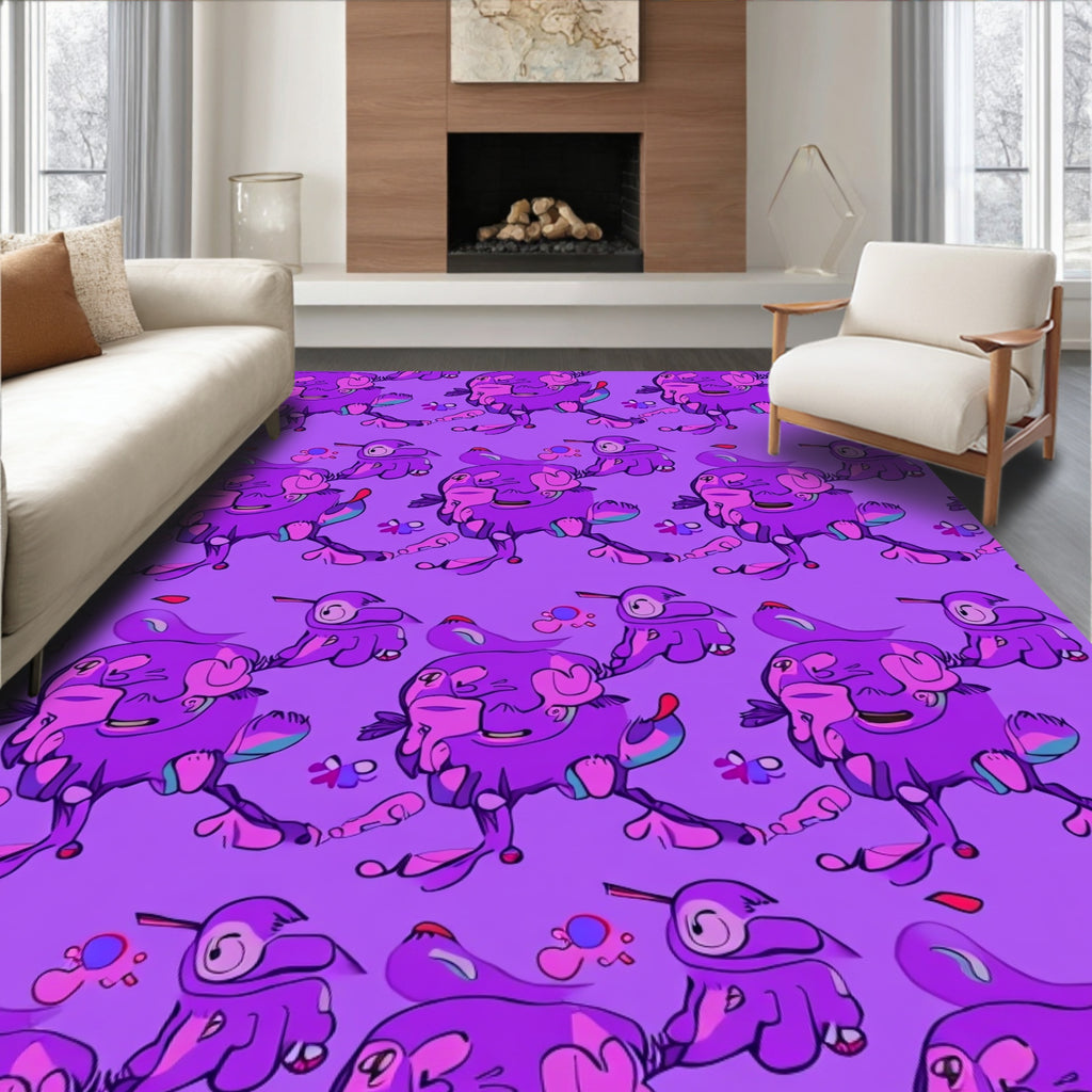 Whimsical Purple Cartoon Bird Creatures Rug