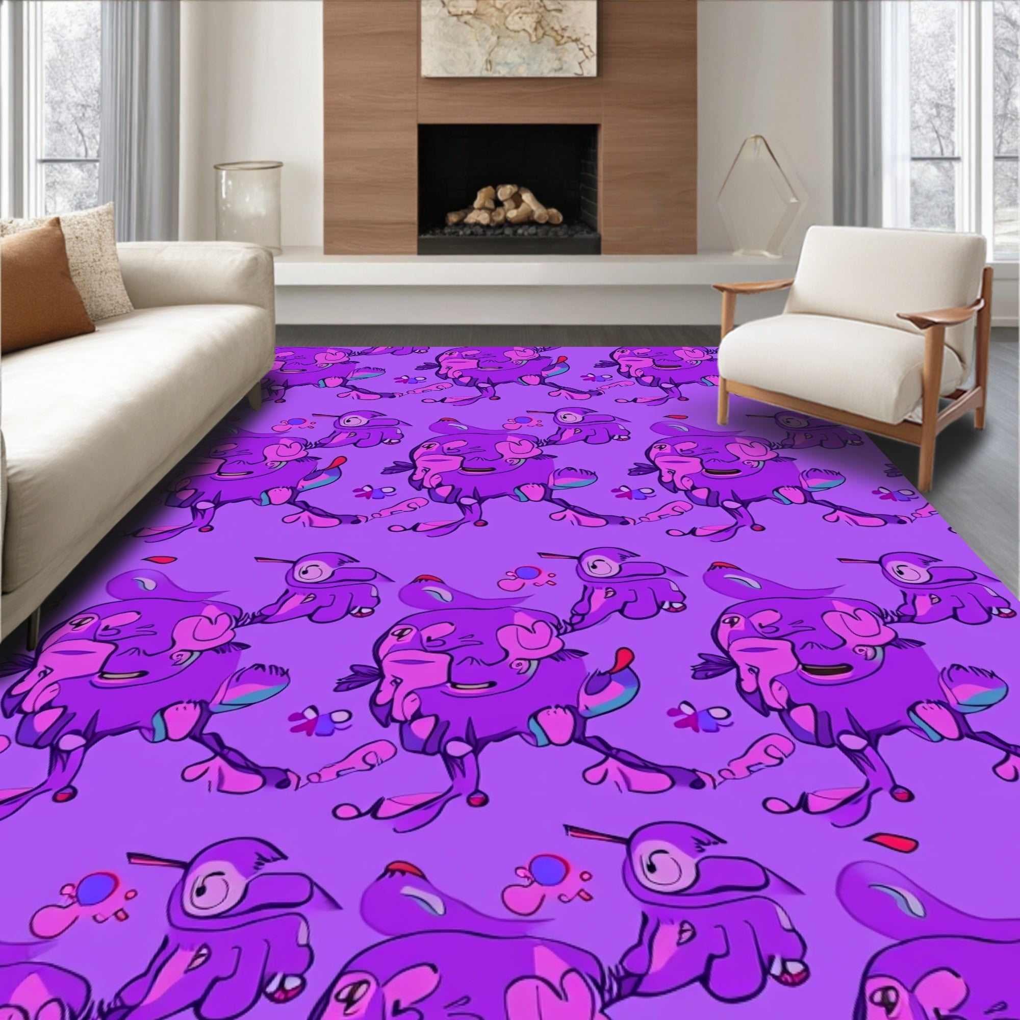 Whimsical Purple Cartoon Bird Creatures Rug