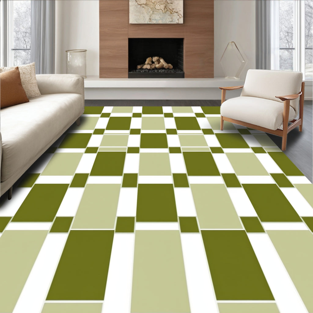 Olive Green Tan Interlocking Squares Rug