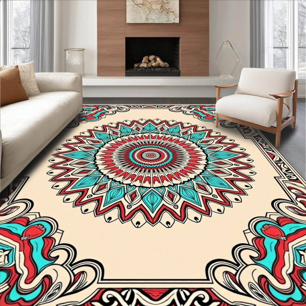 Coral Teal Bold Medallion Border Rug