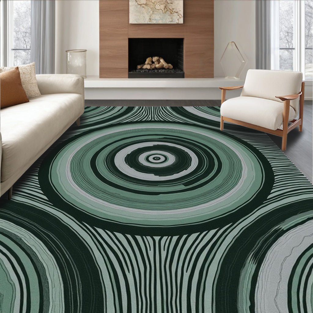 Muted Green Concentric Rings Stripes Rug