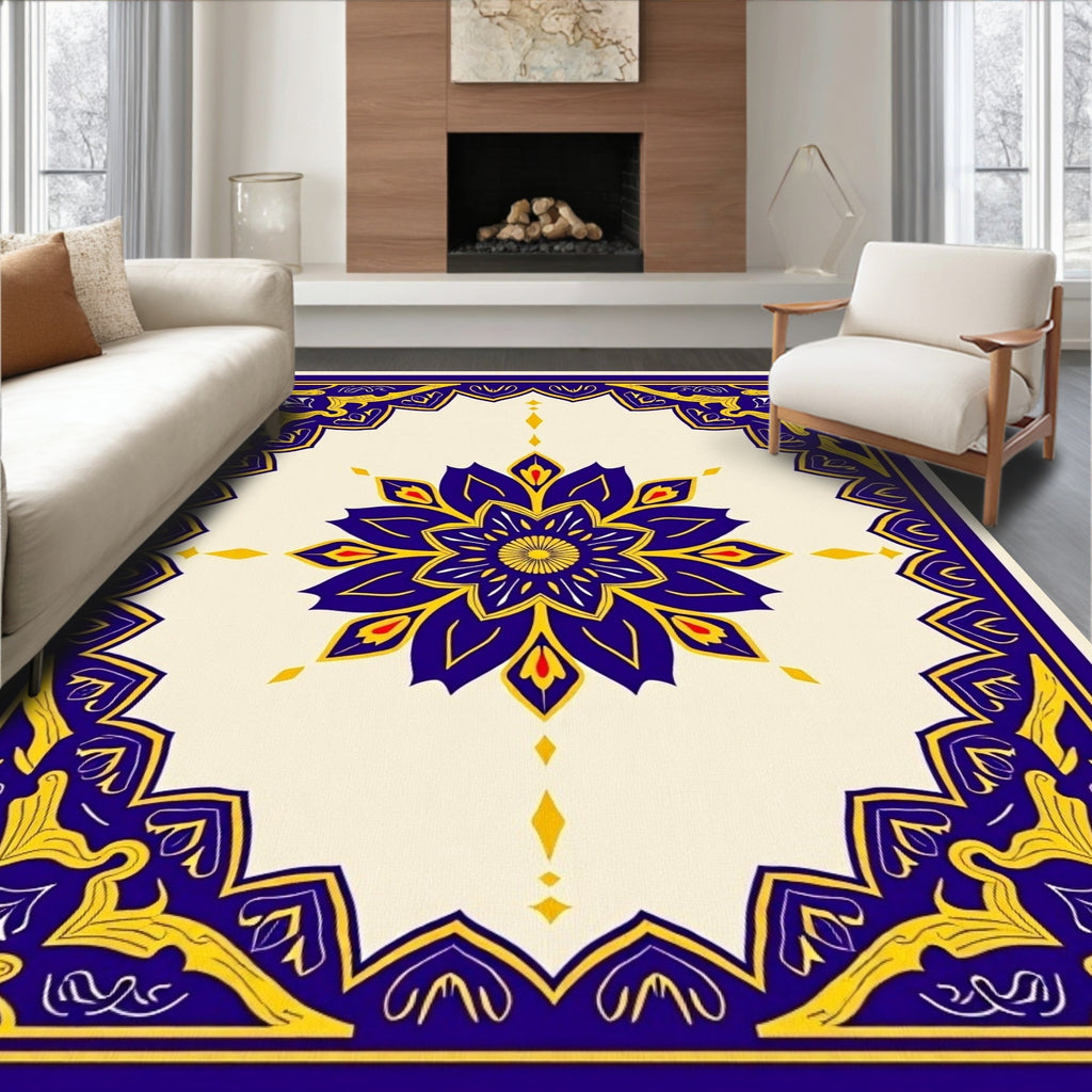 Royal Blue Yellow Floral Mandala Rug