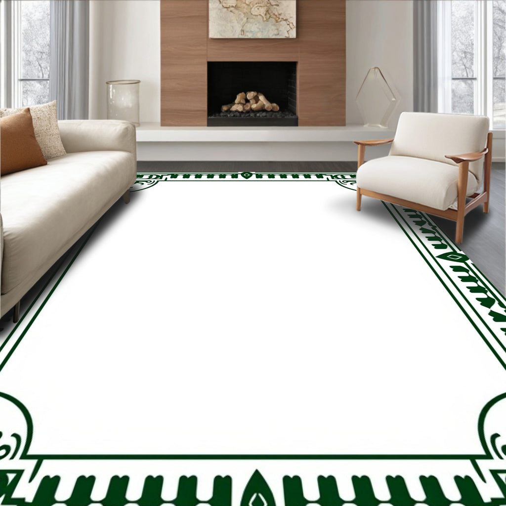 Dark Green Geometric Floral Border Rug