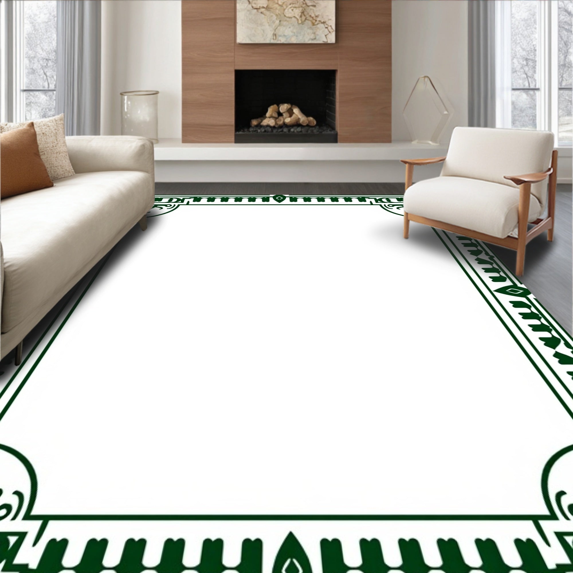 Dark Green Geometric Floral Border Rug